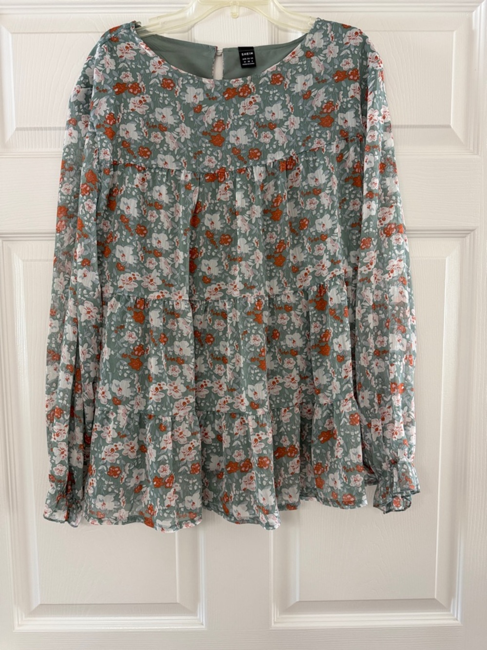 SHEIN Sage Green Floral Tiered Long-Sleeve Blouse with Rust & White Flowers.